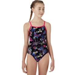 Maru - Bee Happy Ecotech Sparkle Fly Back Girls Swimsuit - Black/Multi