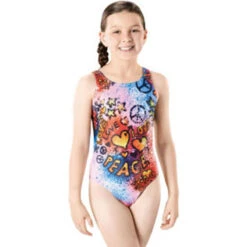 Maru - Peace Sparkle Rave Back Girls Swimsuit - Blue/Silver